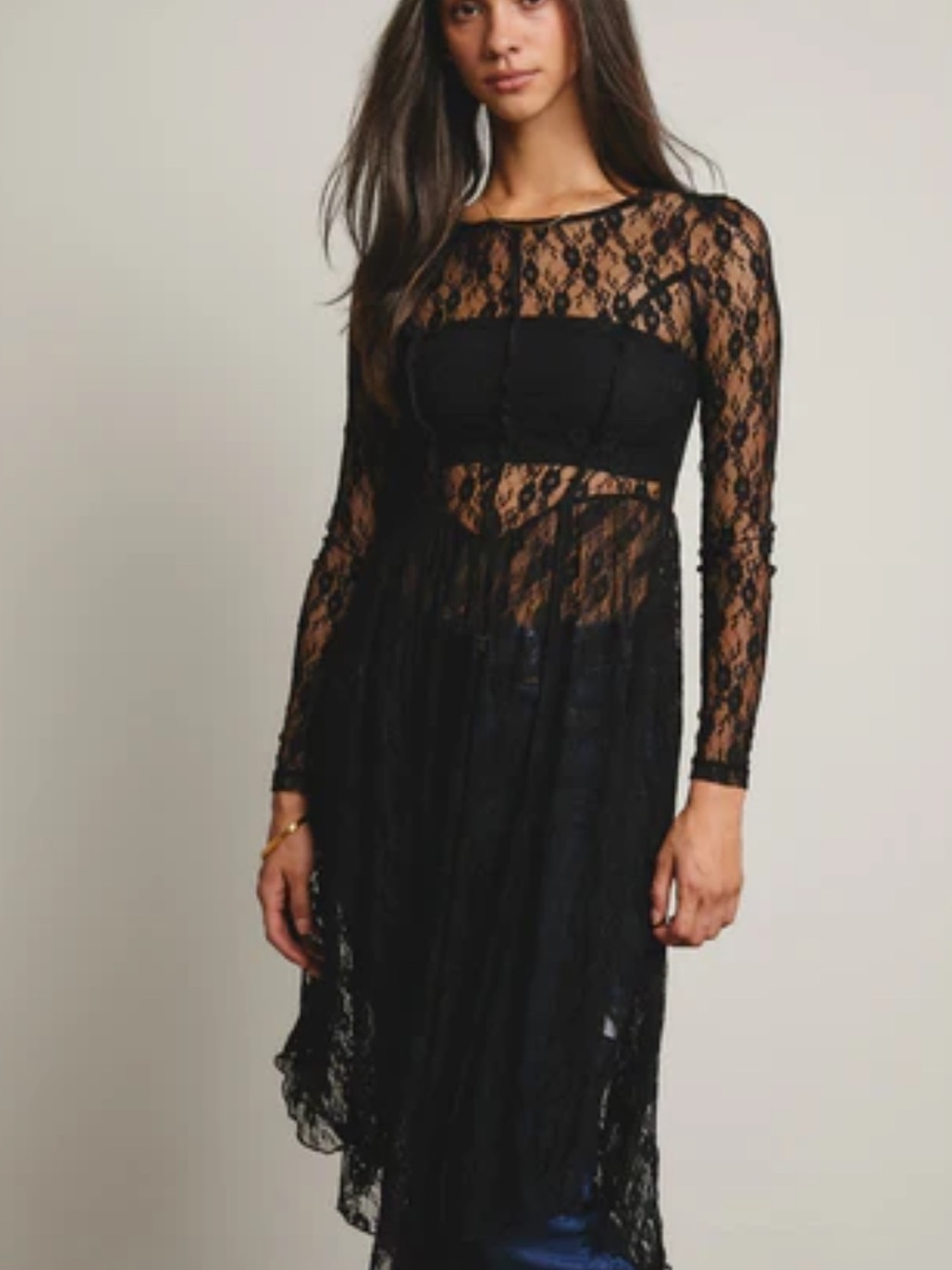 Forte Black Lace Long-Sleeve Layering Dress with Sheer Bodice